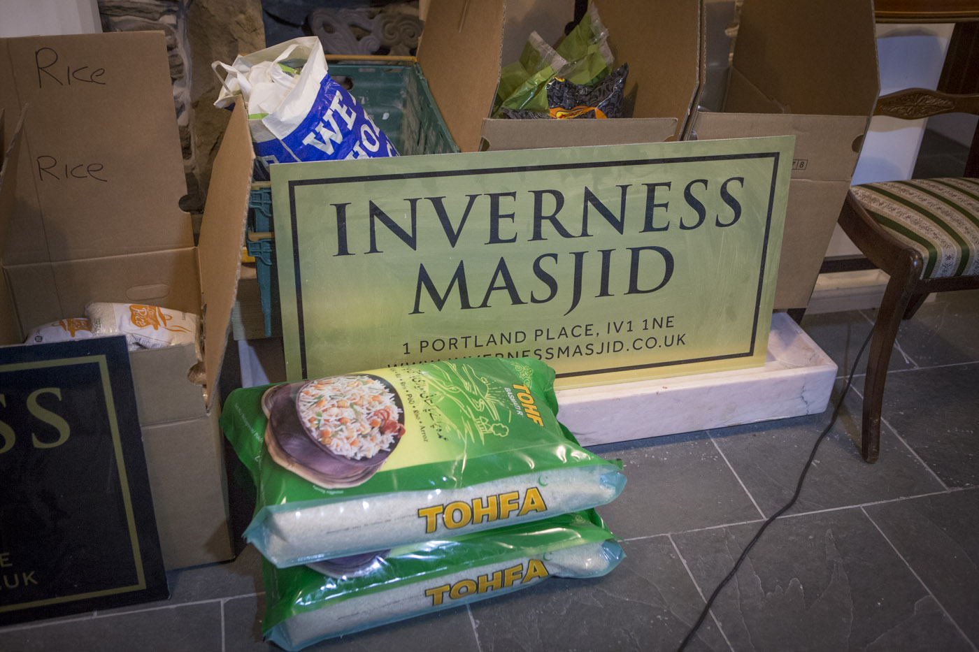 Food collection for Syrian refugees, Inverness Masjid, Inverness, Scotland, February 2015 Image ©John MacPherson